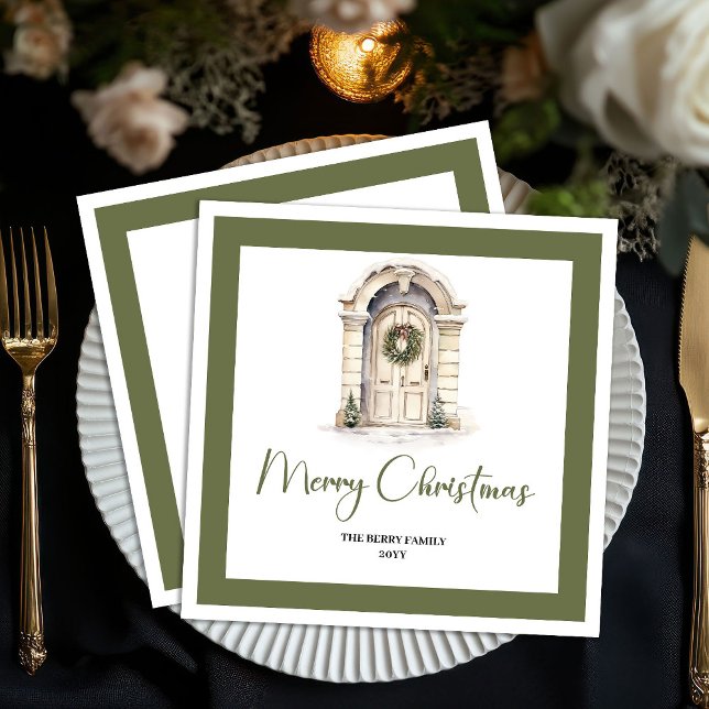 Guardanapo De Papel Classic Earth Tone Christmas Door Custom Name (Classic Earth Tone Christmas Tree Custom Name Napkins)