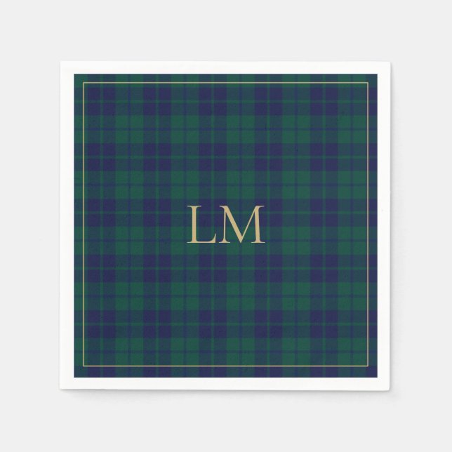 Guardanapo De Papel Classic Green Navy Tartan Plaid Gold Monogram (Frente)