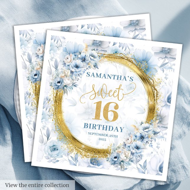 Guardanapo De Papel Clássico Azul Doce 16 Glitter Dourado (Classic Light Blue Sweet Sixteen Gold Glitter Napkins)