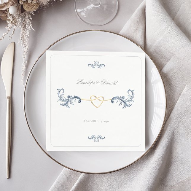 Guardanapo De Papel Clássico Casamento Dusty Blue e Dourado (Criador carregado)