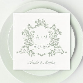Guardanapo De Papel Clássico Sage Green Floral Crest Monogramas Casame
