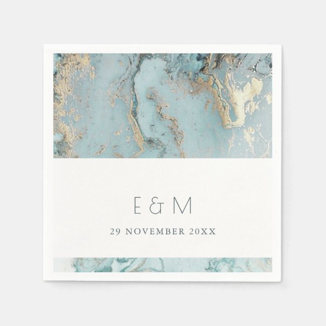 GUARDANAPO DE PAPEL CLASSY AQUA DUSKY BLUE DOURADO AGATE MONOGRAMA CAS (Frente)