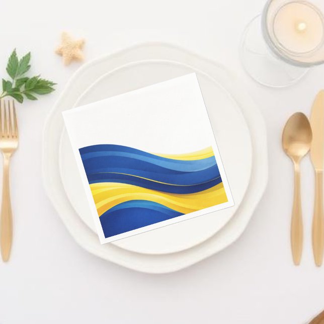 Guardanapo De Papel Cobalt Blue and Lemon Yellow Modern Waves (Cobalt Blue and Lemon Yellow Wedding Collection-Napkins)
