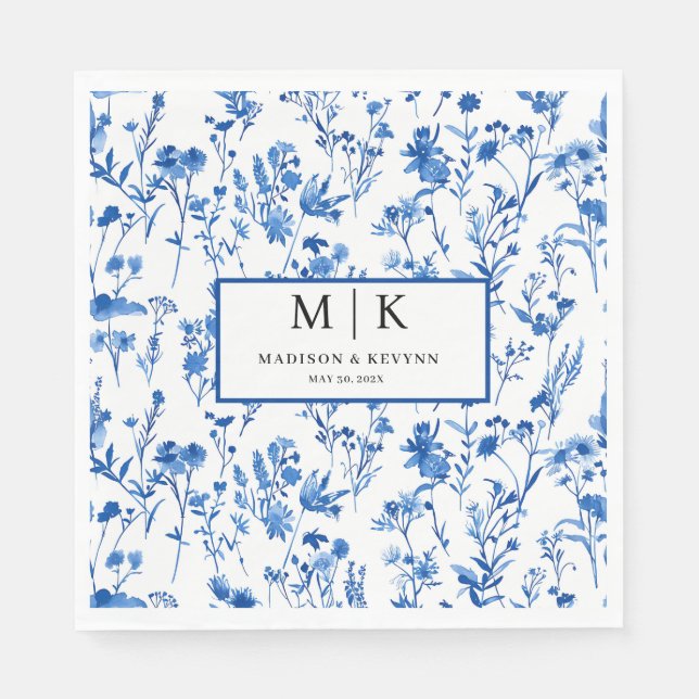 Guardanapo De Papel Cocktail de casamento da Flora Azul Francesa (Frente)