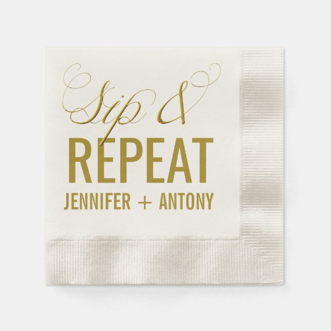 Guardanapo De Papel Cocktail personalizado de casamento "Sip & Repeat" (Frente)