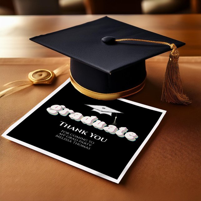 Guardanapo De Papel Cocktail personalizado de graduação em preto e bra (Black and white retro style typography graduation napkin.)