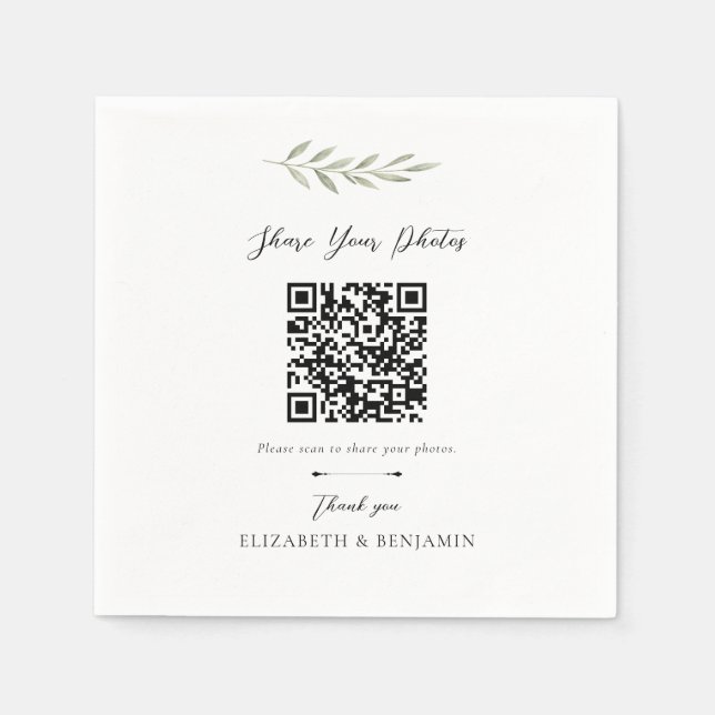 Guardanapo De Papel Código QR de Casamento Botânico Compartilhe suas F (Frente)