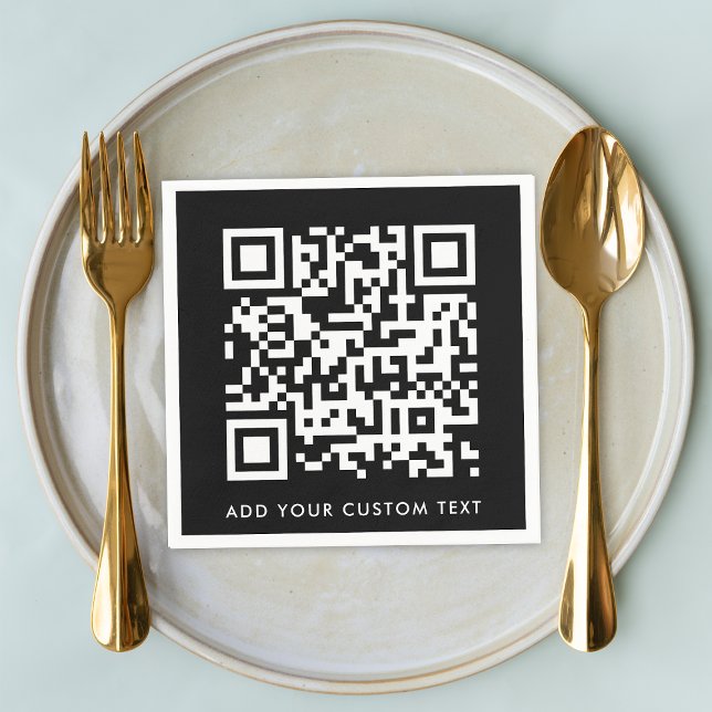 Guardanapo De Papel Código QR | Negro Na moda Moderno Negrito Mínimo (Versatile editable napkin template with interactive QR code & text for business or personal use.)