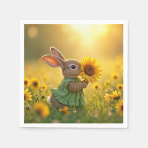 Guardanapo De Papel Coelhinho cheirando um girassol amarelo