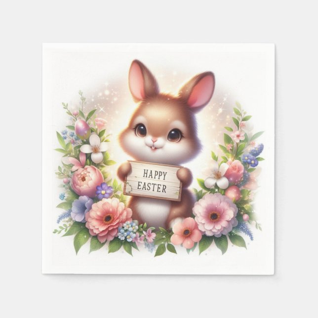 Guardanapo De Papel Coelhinho de Páscoa bonito segurando um cartaz de  (Frente)