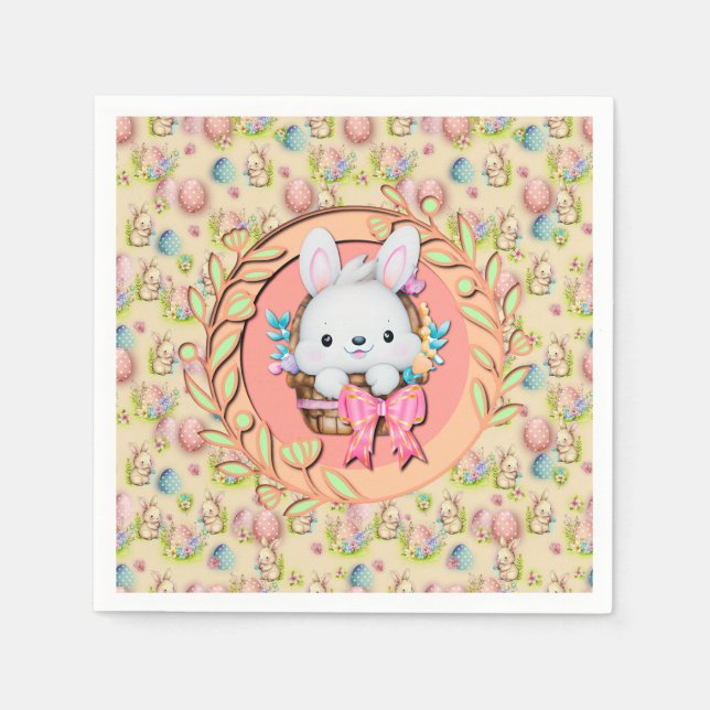 Guardanapo De Papel Coelhinho de Páscoa bonito sentado no cesto (Frente)
