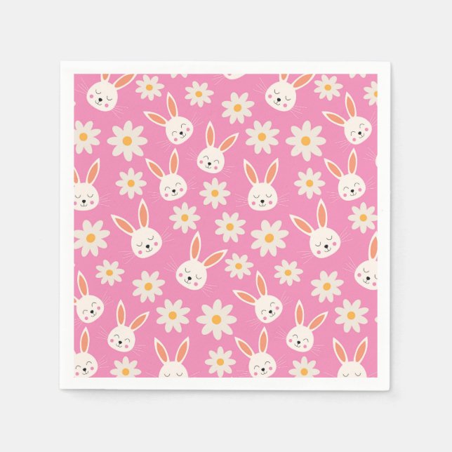 Guardanapo De Papel Coelhinhos da Páscoa com Flores Brancas sobre Rosa (Frente)