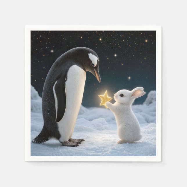 Guardanapo De Papel Coelho de Natal e Pinguim com Estrela Neon (Frente)