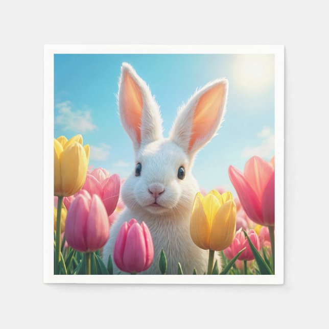 Guardanapo De Papel Coelho de Páscoa Branco em Tulipas (Frente)