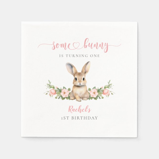 Guardanapo De Papel Coelho Floral Rosa Algum primeiro aniversario Bunn (Frente)
