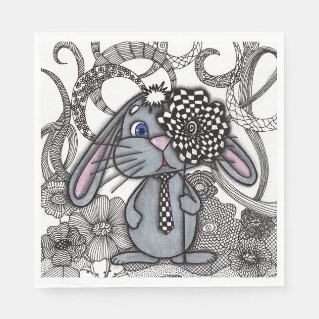 Guardanapo De Papel Coelho Whimsical Zentangle com Gravata Xadrez Quad (Frente)