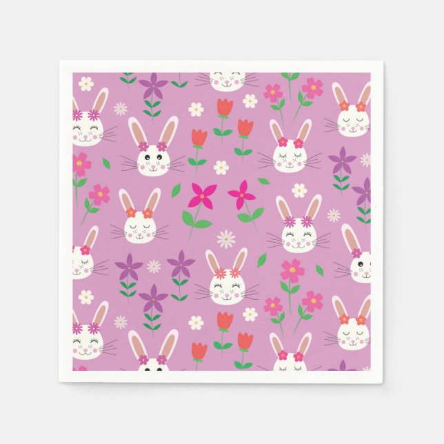 Guardanapo De Papel Coelhos da Páscoa com flores laranja rosa roxo  (Frente)