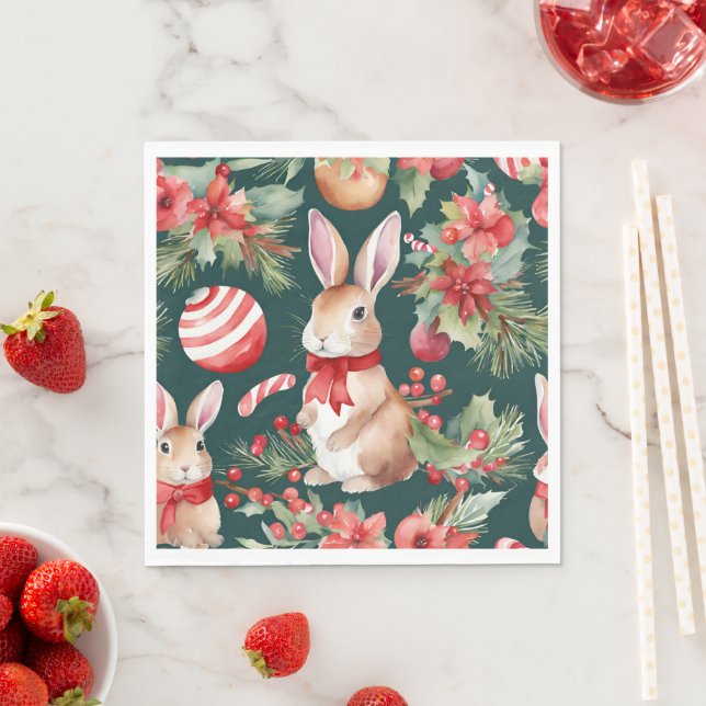Guardanapo De Papel Coelhos de Natal com Aquarela Vermelha Dourada Flo (Insitu)