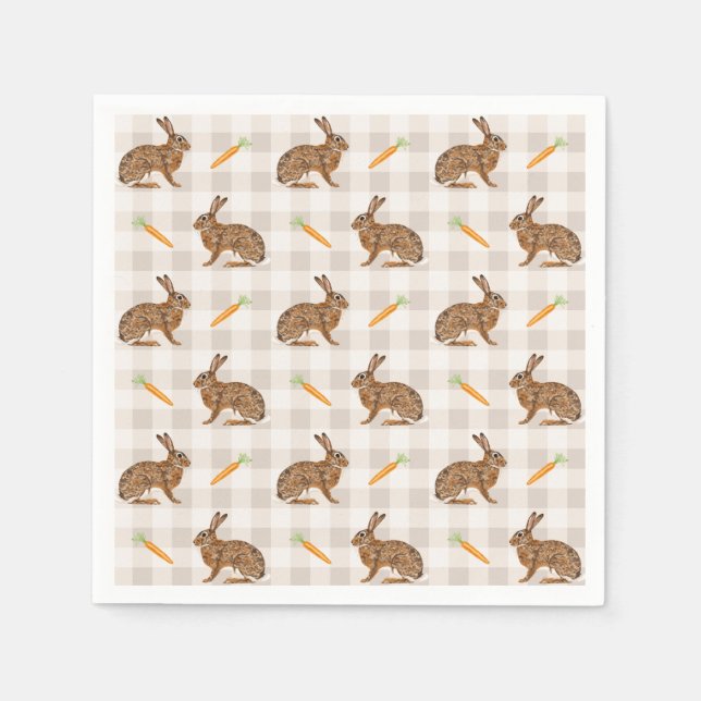 Guardanapo De Papel Coelhos Marrons E Cenouras Xadrez Bege Rústico (Frente)
