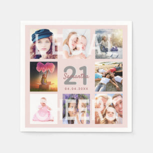 Guardanapo De Papel Colagem de fotos de aniversário de 21 anos com ro