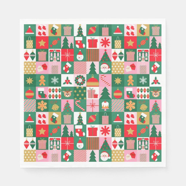 Guardanapo De Papel Colagem Festiva de Natal de Presentes, Árvores, Or (Frente)