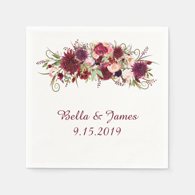 Guardanapo De Papel Coleção de Casamentos Florais Marsala Red Napkins (Frente)