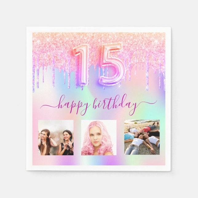 Guardanapo De Papel Colírios holográficos cor-de-rosa de Quinceanera (Frente)