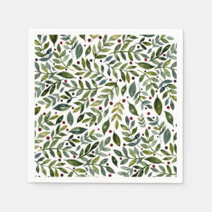 Guardanapo De Papel Coloração aquosa verde ramos e bagas sazonais