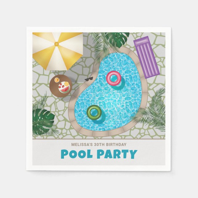 Guardanapo De Papel Colorful Backyard Swimming Pool Birthday Party (Frente)