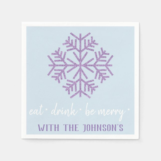 Guardanapo De Papel Coma Bebida Seja Feliz Flocos de Neve Azul Púrpura (Frente)