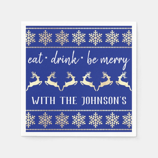 Guardanapo De Papel Coma Bebida Seja Feliz, Névoa branca Dourada Azul  (Frente)