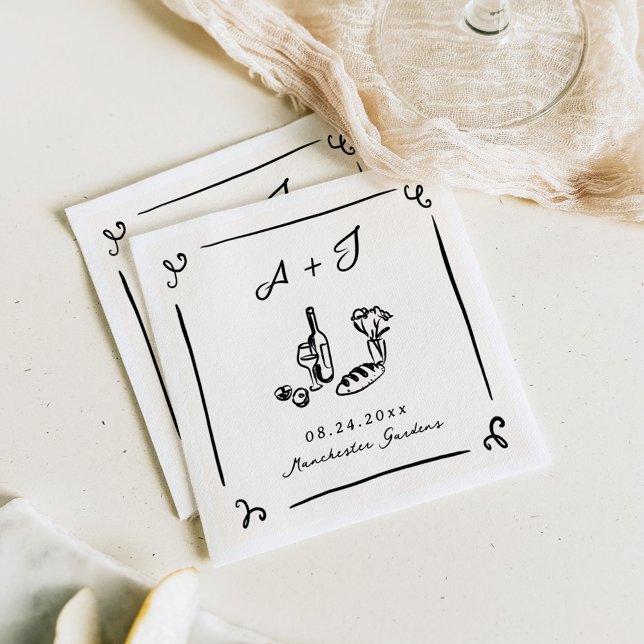 Guardanapo De Papel Comida De Mão Desenhada E Casamento De Vinho (Criador carregado)