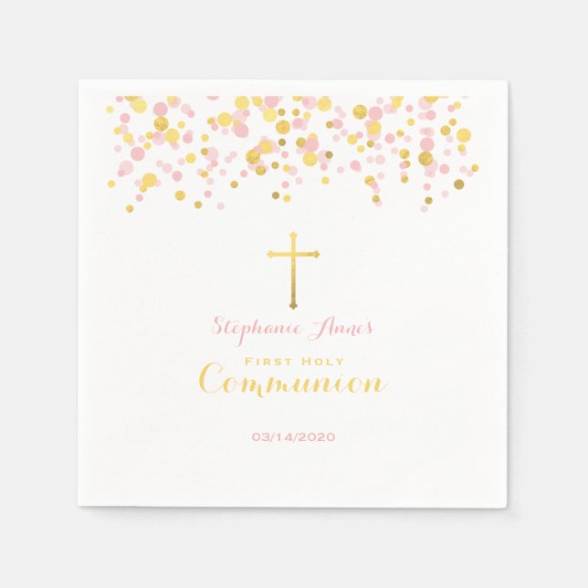 Guardanapo De Papel Comunhão Rosa e Dourado Confetti (Frente)
