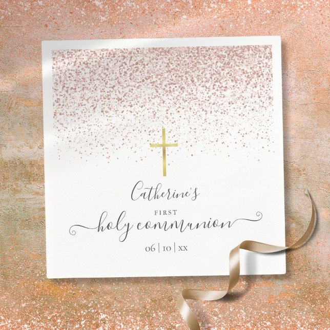 Guardanapo De Papel Comunhão Santa Rosa Dourado Moderno Glitter (Modern Rose Gold Glitter First Holy Communion Napkins)