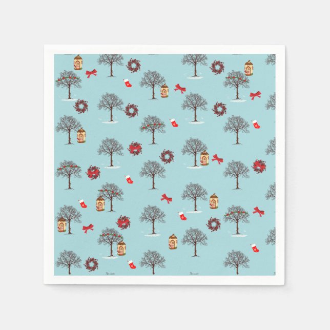 Guardanapo De Papel Condecorações de Natal e árvores sob neve (Frente)