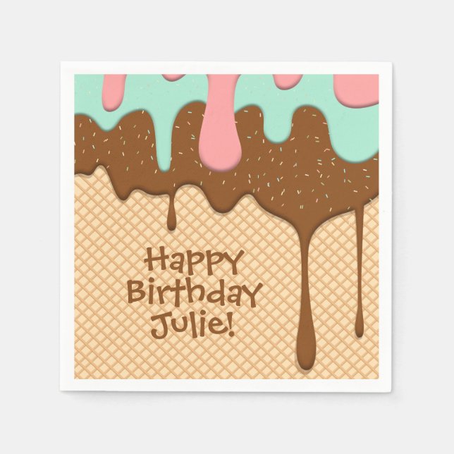 Guardanapo De Papel cone de sorvete rosa-fofo, hortelã e chocolate (Frente)