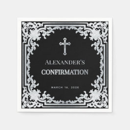 Guardanapo De Papel Confirmação de Menino Negro Elegante Vintage Faux 