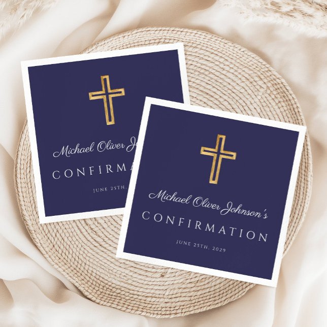 Guardanapo De Papel Confirmação Elegante de Marinho Azul Religioso Cru (Elegant Navy Blue Religious Cross Boy Confirmation Napkins)