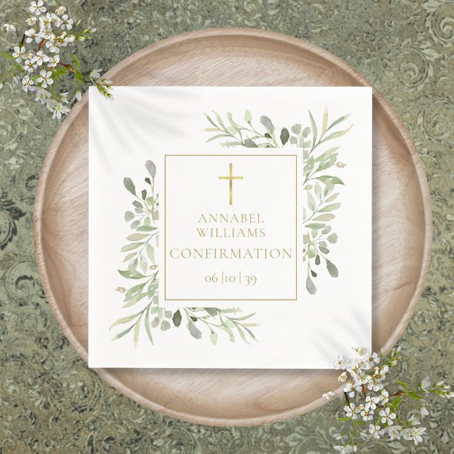 Guardanapo De Papel Confirmação Floral Verde Água Dourado (Watercolor Greenery Floral Gold Confirmation Napkins)