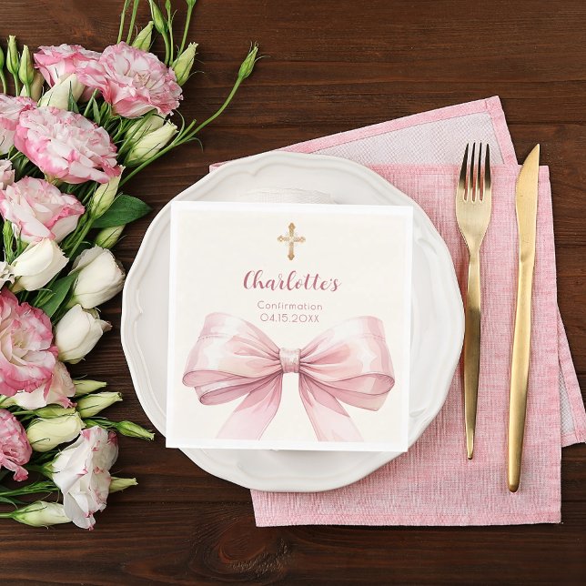 Guardanapo De Papel Confirmation blush pink bow cream cross luncheon (Criador carregado)