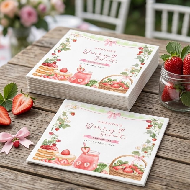Guardanapo De Papel Conjunto de Morango Doce Morangos Baby Shower Rosa (Criador carregado)