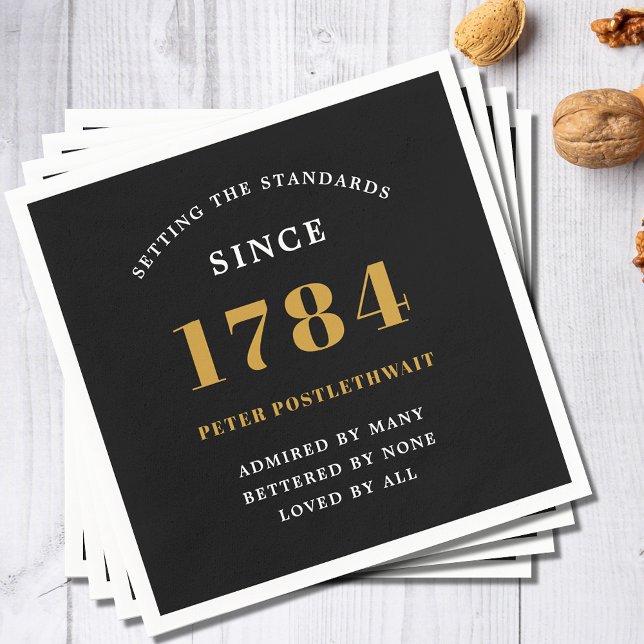 Guardanapo De Papel Convite de Aniversário do Orçamento Dourado a Qual (Black and gold birthday party paper napkins. Easily edited text for any birthday year or age.)