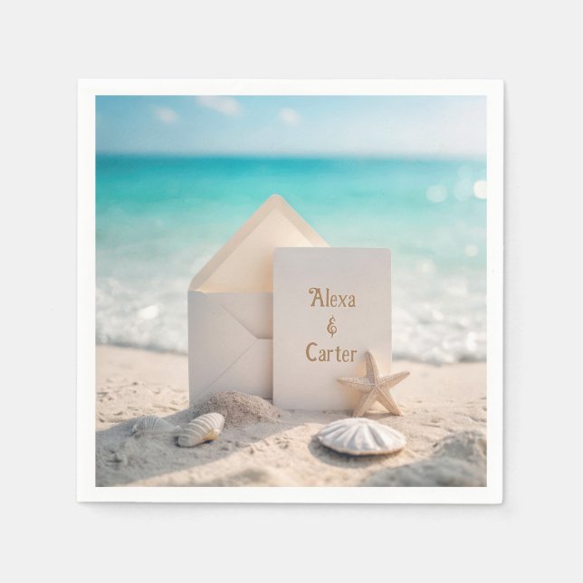 Guardanapo De Papel Convite de Casamento na Praia com Estrela do Mar (Frente)