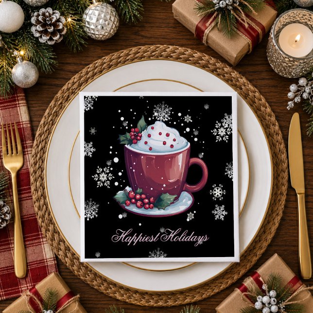 Guardanapo De Papel Copo de Chocolate Quente de Natal | Preto (Christmas Cup of Hot Chocolate Black Party Napkins)