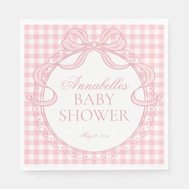 Guardanapo De Papel Coquete Gingham Rosa com Laço para Chá de Bebê de  (Frente)