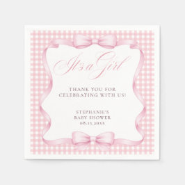 Guardanapo De Papel Coquete Gingham Rosa Laço É uma Menina Chá de Bebê
