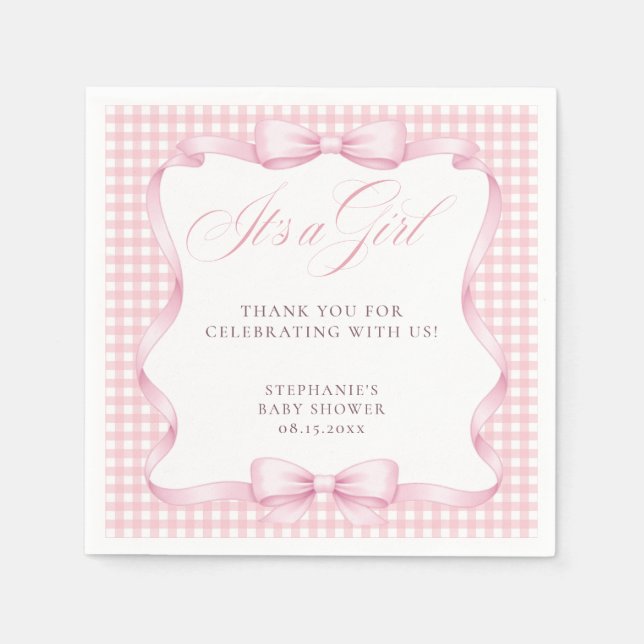 Guardanapo De Papel Coquete Gingham Rosa Laço É uma Menina Chá de Bebê (Frente)