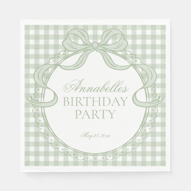 Guardanapo De Papel Coquete Gingham Verde com Laço Festa de Aniversári (Frente)