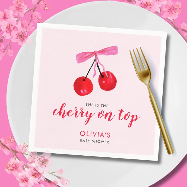 Guardanapo De Papel Coquette Cherry on Top Meninas Festa de Bebê (Cherry on Top Baby Shower paper napkin with coquette cherries and pink ribbon bow)