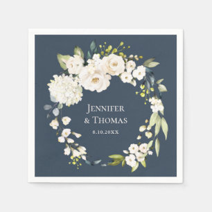 Guardanapo De Papel Cor Branca Floral no Casamento Azul Marinho